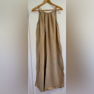 Tan Cotton Gauze Round Neck Spaghetti Strap Halter Maxi Dress Side Slit Pocket M